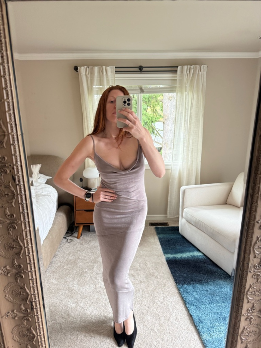 Sleek Cowl Neck Slip Dress in soft silver